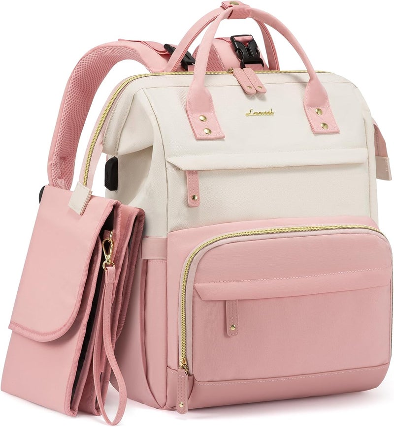 Lovevook Diaper Bag Backpack, Baby Bag with Changing Station, Large Diaper Backpack for Moms Dads, Waterproof Leather Accents Baby Boy and Girl Bag for Travel Baby Essentials, Pink-Beige - Image 1